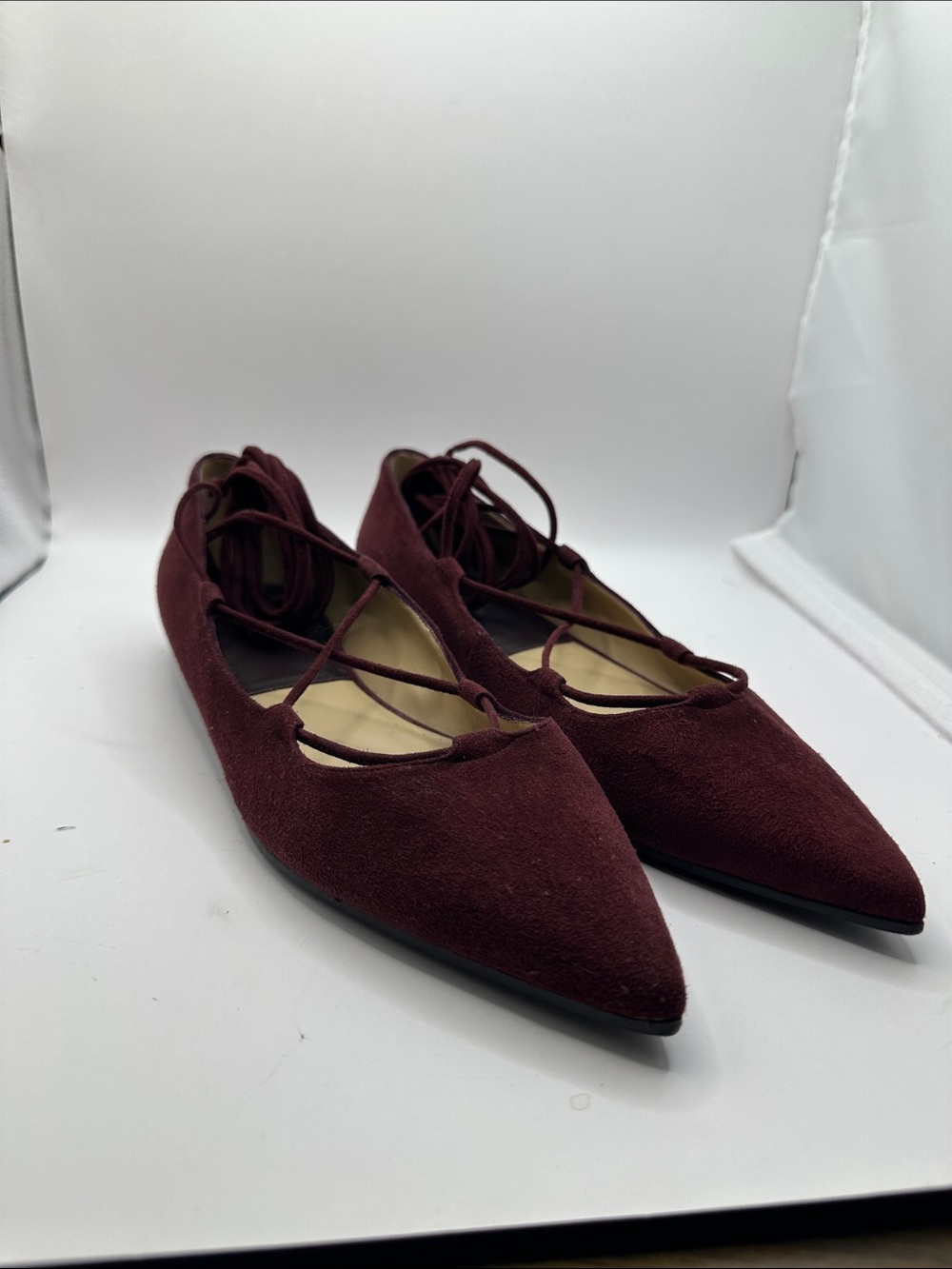 Michael Kors Collection Kallie Runway Suede Bordeaux Lace-Up Pointed Flats